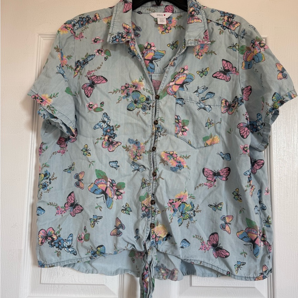 Intro. Multicolor Butterfly Print Button Down Shirt